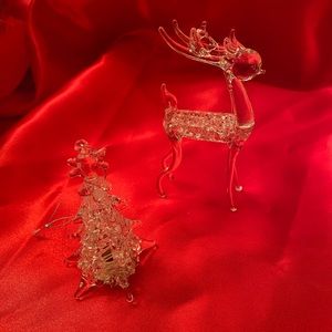 Silvestri Spun Glass Christmas Tree 3” X 1.5” & Reindeer 4” X 2.5” Ornaments